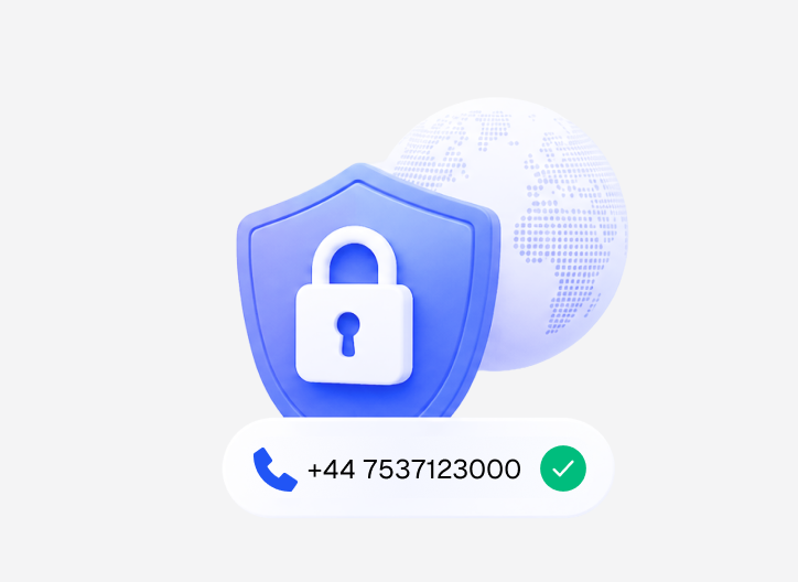 Blue shield with a padlock protecting a phone number marked as verified