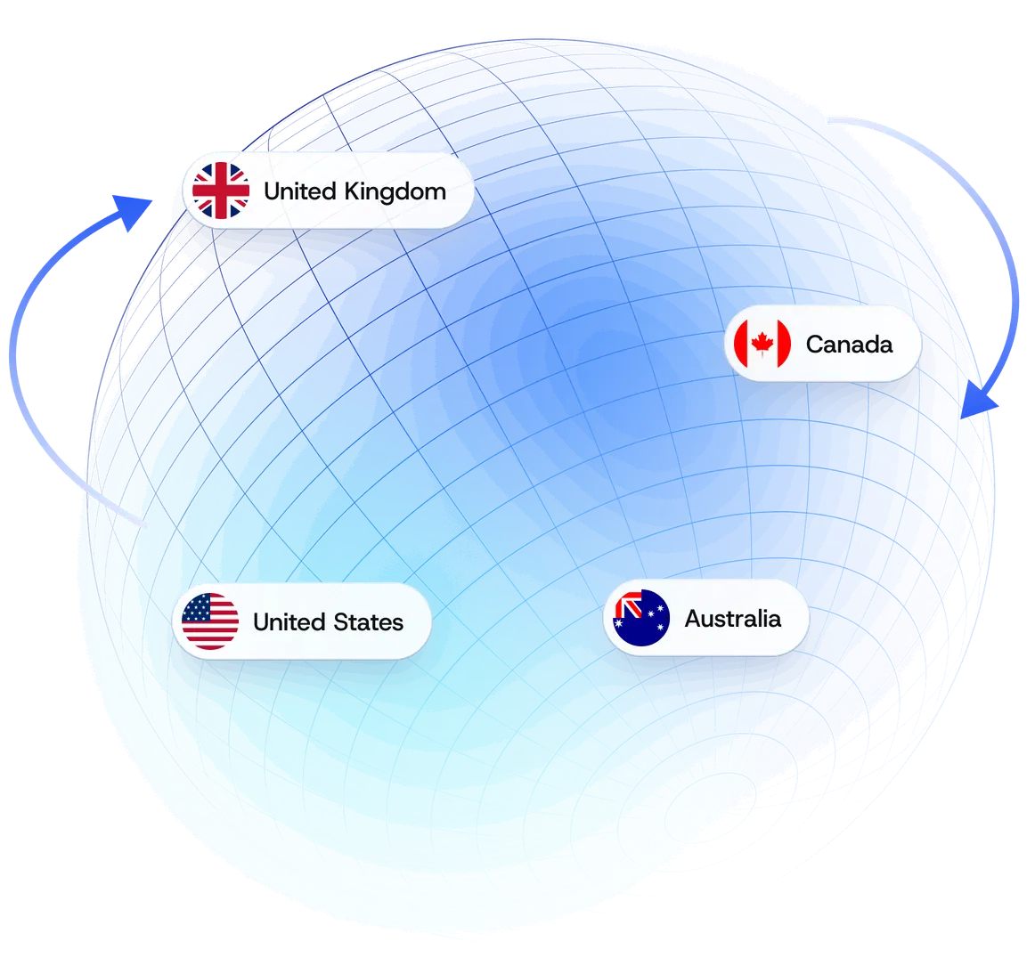 Globe showing live numbers in the United Kingdom, Canada, United States and Australia