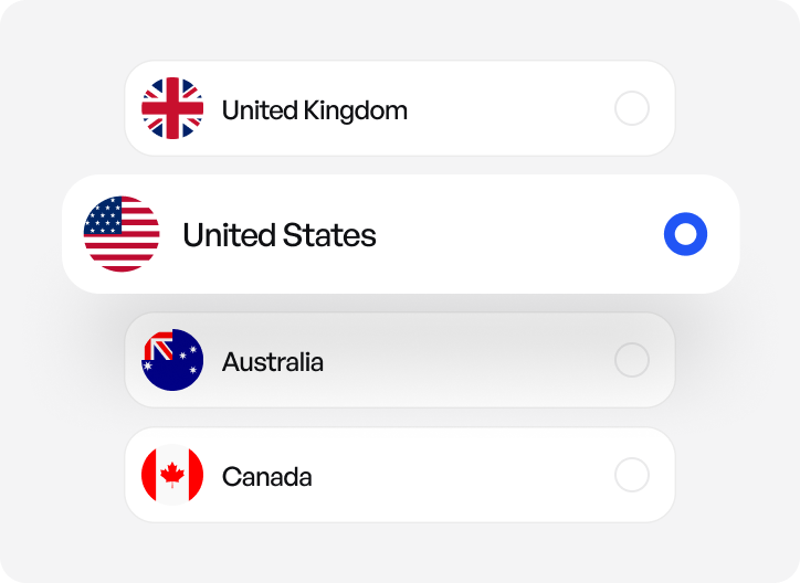 Country list with United States selected