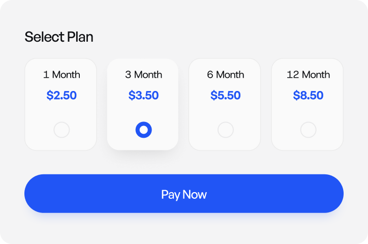 Plan selector with 3 month plan selected and a Pay Now button