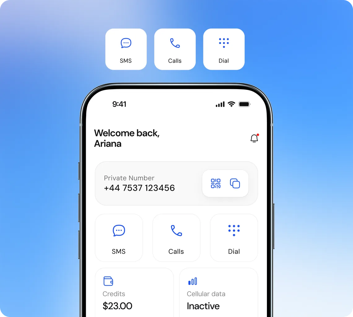 ZEDSMS app showing a private number dashboard