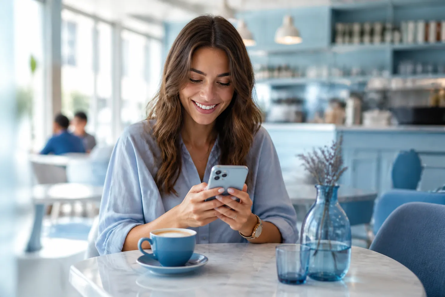 Woman smiling at a message on her phone while sitting in a café